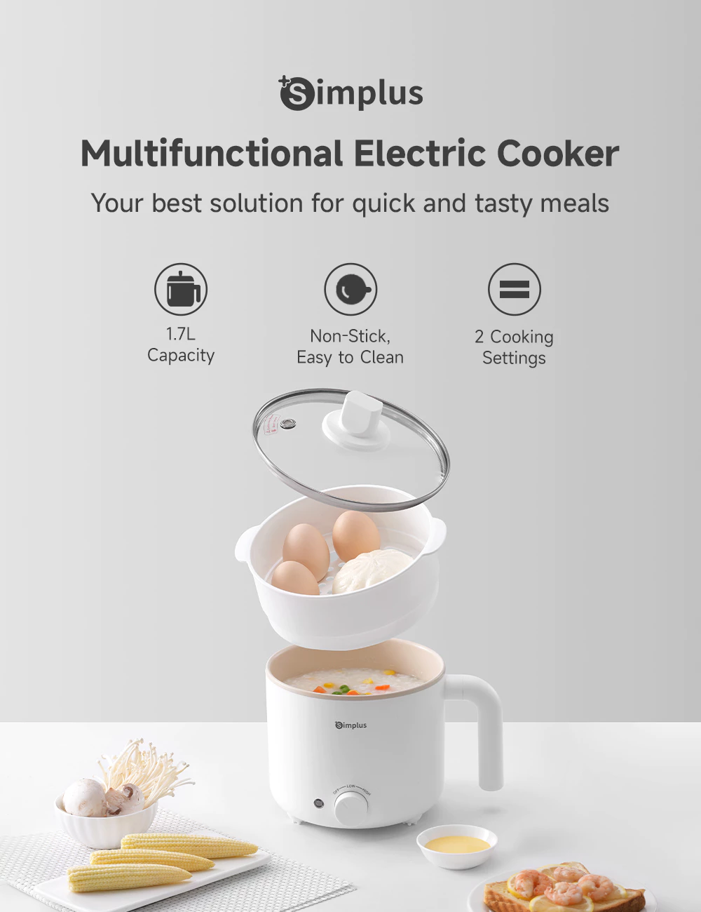 Simplus 1.7 - liter rice cooker with 630 - watt rapid heating, non - stick coating and two - temperature settings DZGH011