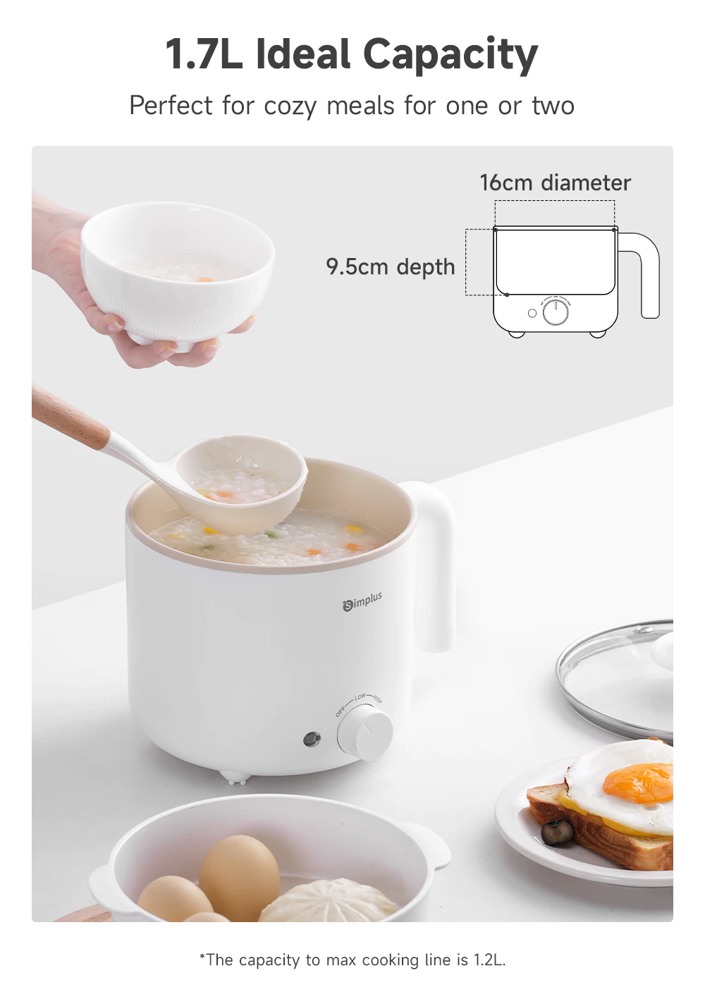 Simplus 1.7 - liter rice cooker with 630 - watt rapid heating, non - stick coating and two - temperature settings DZGH011