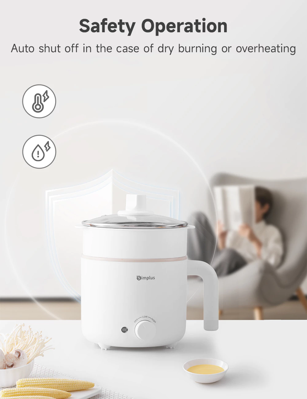 Simplus 1.7 - liter rice cooker with 630 - watt rapid heating, non - stick coating and two - temperature settings DZGH011