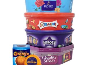 【Flash Sale】Assorted Christmas Chocolate Tubs Selection - Pack of 5 - Bulk Buy of Roses, Heroes, Quality Street, Celebrations Chocolate Pralines & 1 Terry's Orange Chocolate with Topline Card for Chocolate Gifts