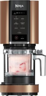 Ninja CREAMi Ice Cream Maker & Frozen Dessert Maker with 3 Containers. 7 Programmes. Makes Ice Cream. Gelato. Sorbet. Smoothie Bowl. Milkshakes and More. Makes 1.4 L Ice Cream. Black & Copper.