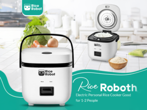 Rice Robot Personal Rice Cooker. PFAS-free. Nonstick. 1 Quart Capacity. with Stainless Steel Steamer Tray. Measuring Cups. Recipe Book with 60 Recipes. and Serving Spoon. As Seen On TV