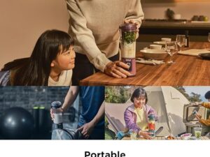 Ninja Blast Portable Blender. 30-second blend. BlastBlade(TM) Assembly. Crushes Ice. under 800g. Sip Lid. BPA Free. Re-chargeable Base. USB-C Charging Cord. 470ML. Ninja BC151SMCR. Cranberry Red