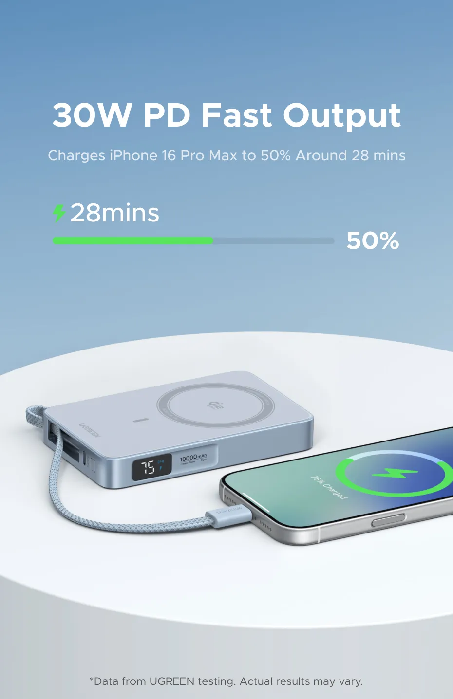 UGREEN 10000mAh Qi2 25W Magsafe Power Bank Wireless Charging Fast charging MagFlow Powerbank Built in Type-C Cable for iPhone 17 Series iPhone 16 Pro Max Qi2.2 Version