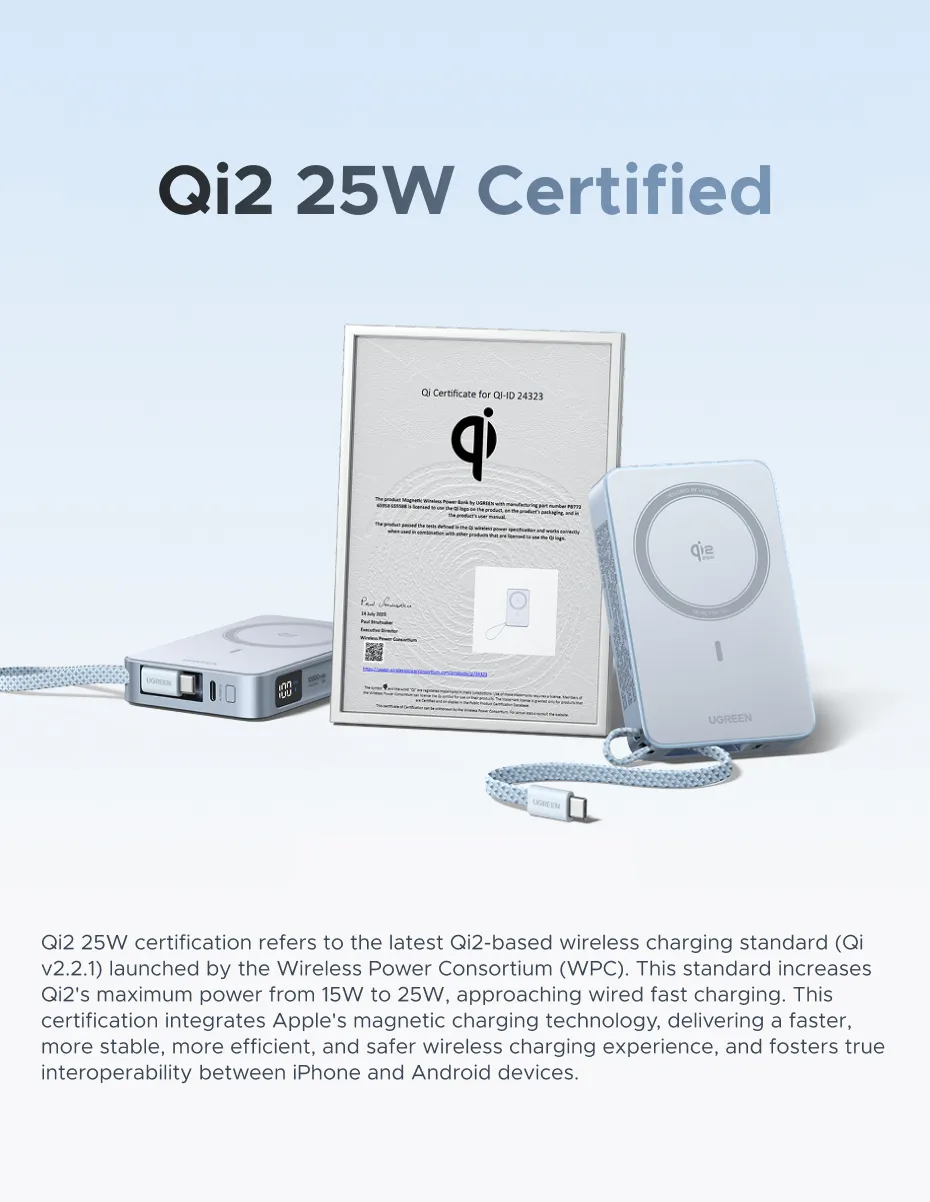 UGREEN 10000mAh Qi2 25W Magsafe Power Bank Wireless Charging Fast charging MagFlow Powerbank Built in Type-C Cable for iPhone 17 Series iPhone 16 Pro Max Qi2.2 Version