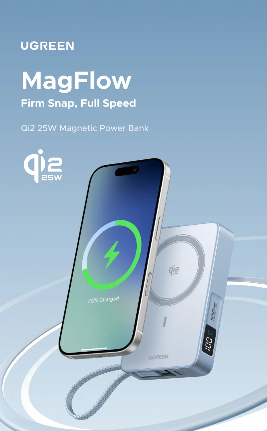UGREEN 10000mAh Qi2 25W Magsafe Power Bank Wireless Charging Fast charging MagFlow Powerbank Built in Type-C Cable for iPhone 17 Series iPhone 16 Pro Max Qi2.2 Version