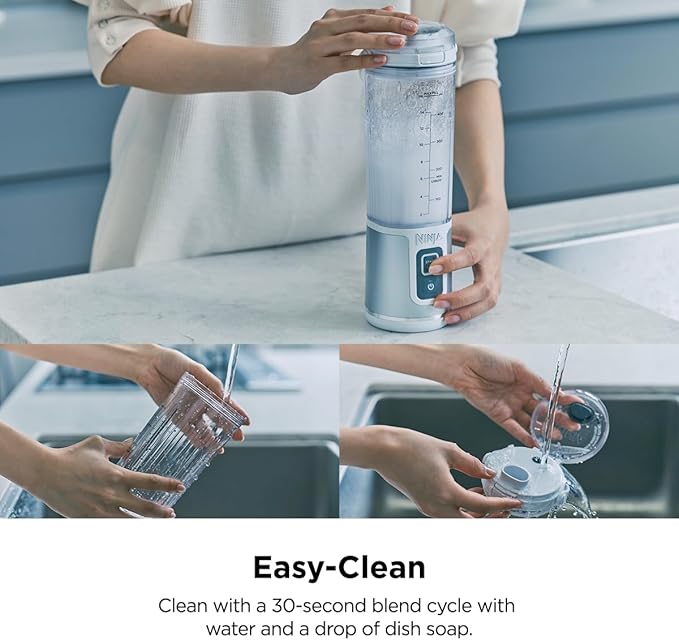 Ninja Blast Portable Blender. 30-second blend. BlastBlade(TM) Assembly. Crushes Ice. under 800g. Sip Lid. BPA Free. Re-chargeable Base. USB-C Charging Cord. 470ML. Ninja BC151SMCR. Cranberry Red