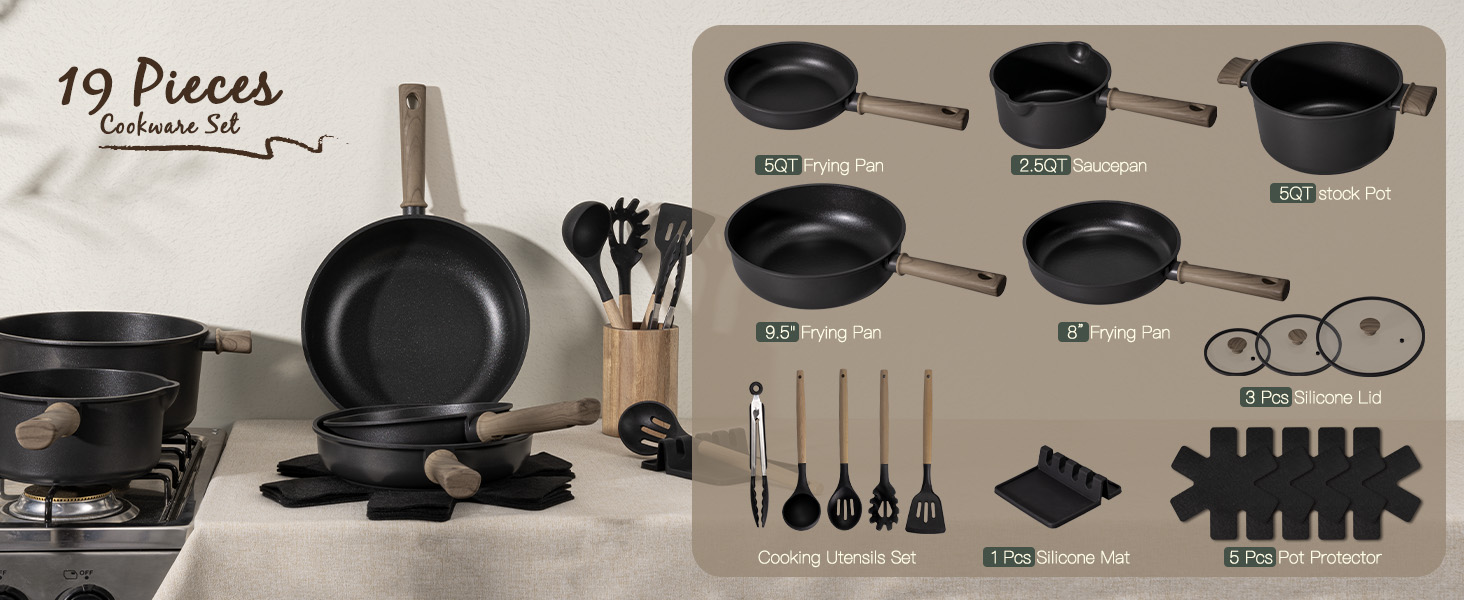 Astercook 19 Pcs Pots and Pans Set Non Stick. Black Titanium Induction Kitchen Cookware Sets. Non toxic Healthy Non Stick Kitchen Cooking Set with Frying Pans Set. PFAS PTFE PFOA PFOS Free