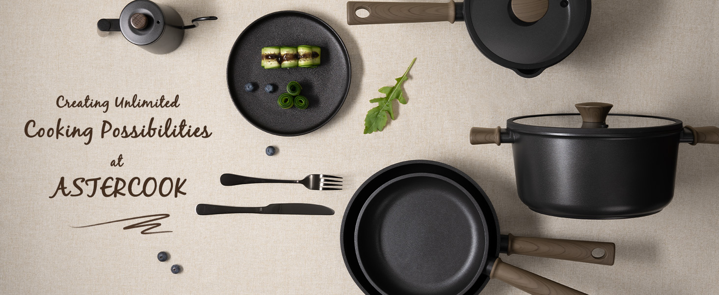 Astercook 19 Pcs Pots and Pans Set Non Stick. Black Titanium Induction Kitchen Cookware Sets. Non toxic Healthy Non Stick Kitchen Cooking Set with Frying Pans Set. PFAS PTFE PFOA PFOS Free