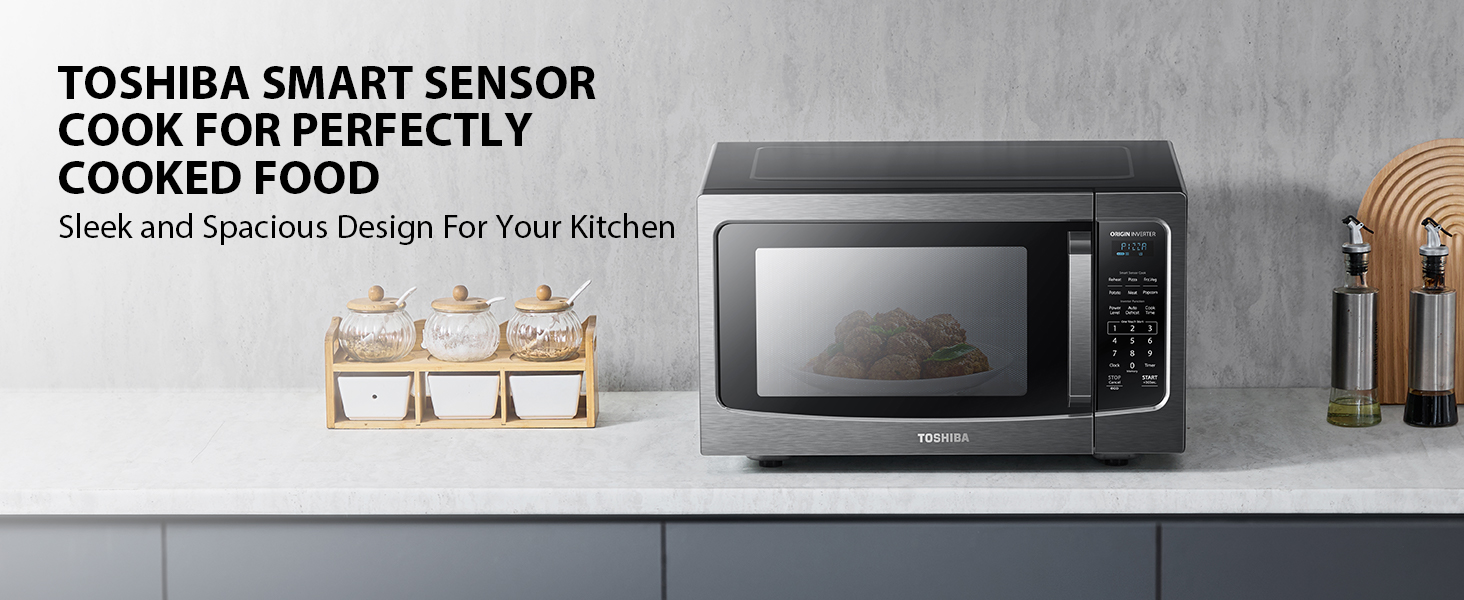 TOSHIBA ML-EM45PIT(BS) Countertop Microwave Oven with Inverter Technology. Kitchen Essentials. Smart Sensor. Auto Defrost. 1.6 Cu.ft. 13.6 Removable Turntable. 33lb.&1250W. Black Stainless Steel