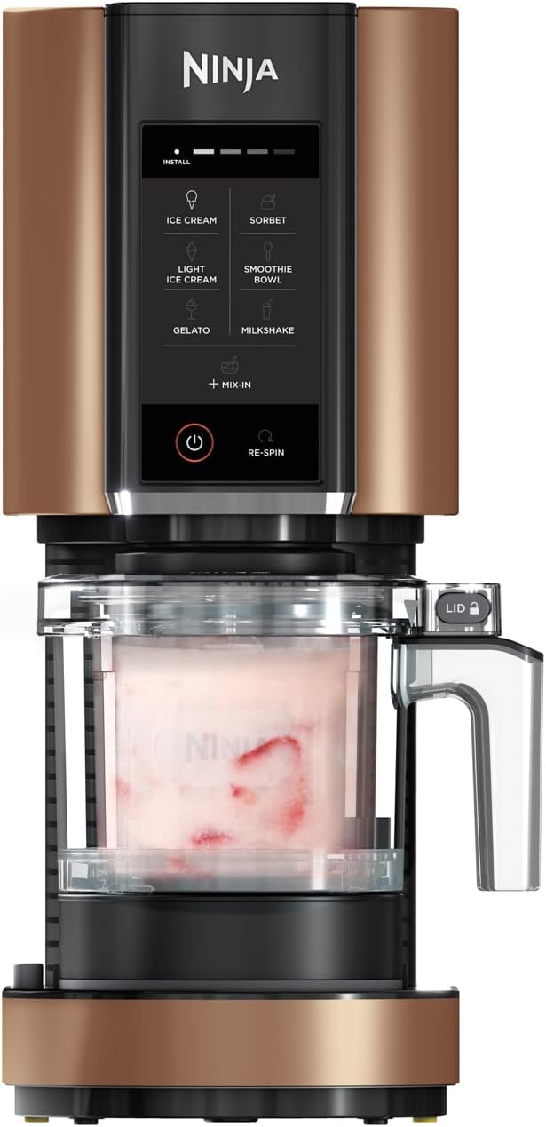 Ninja CREAMi Ice Cream Maker & Frozen Dessert Maker with 3 Containers. 7 Programmes. Makes Ice Cream. Gelato. Sorbet. Smoothie Bowl. Milkshakes and More. Makes 1.4 L Ice Cream. Black & Copper.