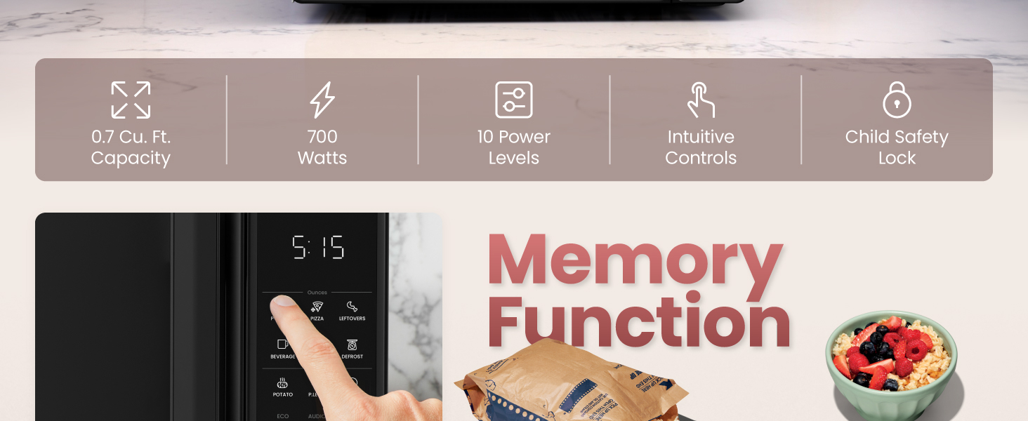 Chefman Countertop Microwave Oven 0.7 Cu. Ft.. 700 Watts with 10 Power Levels. 6 Cooking Presets with One-Touch Express Cook. Eco Mode. Child Safety Lock. & Mute Button - Black