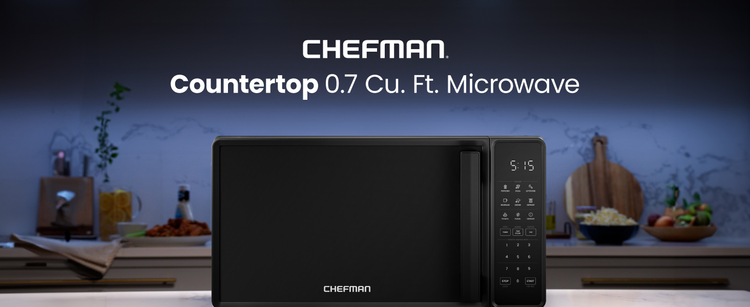 Chefman Countertop Microwave Oven 0.7 Cu. Ft.. 700 Watts with 10 Power Levels. 6 Cooking Presets with One-Touch Express Cook. Eco Mode. Child Safety Lock. & Mute Button - Black