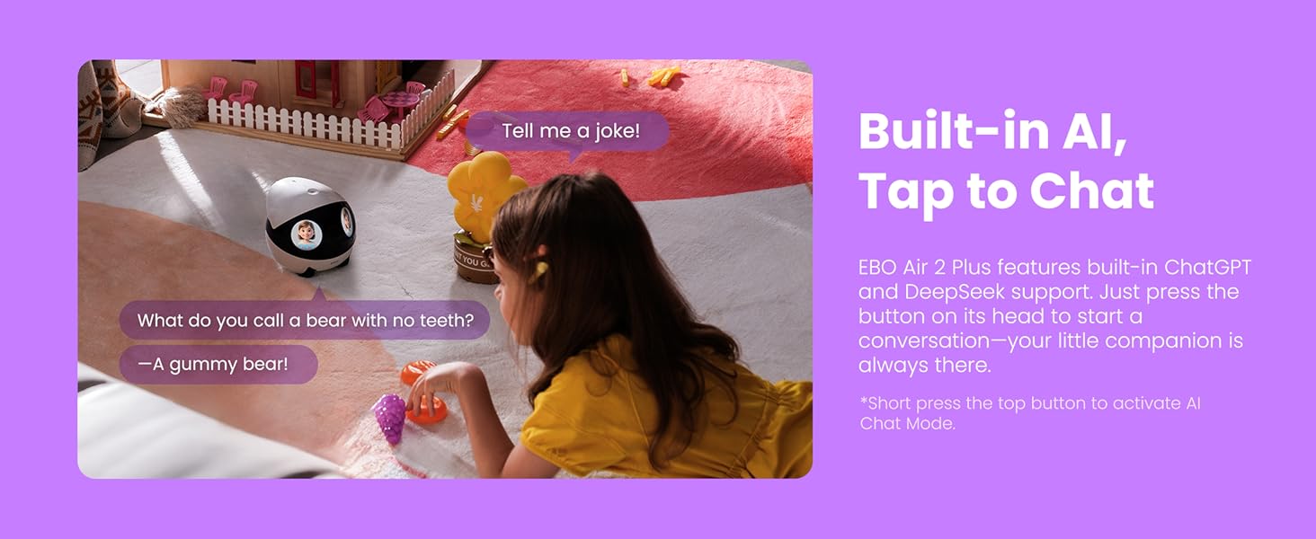 Enabot EBO Air 2 Plus FamilyBot 3K Home Camera Robot: Indoor Camera. Movable Robot Companion. 2-Way Video. AI Chat Mode. Auto-Recharge. Long Battery Life. Custom Facial Image. Night Vision