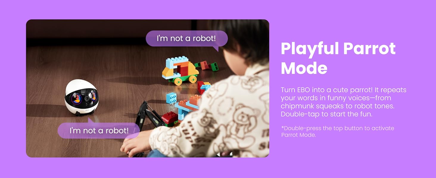 Enabot EBO Air 2 Plus FamilyBot 3K Home Camera Robot: Indoor Camera. Movable Robot Companion. 2-Way Video. AI Chat Mode. Auto-Recharge. Long Battery Life. Custom Facial Image. Night Vision