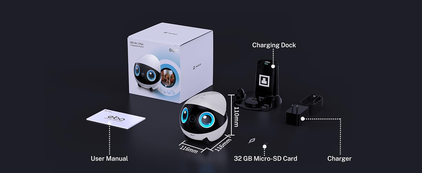 Enabot EBO Air 2 Plus FamilyBot 3K Home Camera Robot: Indoor Camera. Movable Robot Companion. 2-Way Video. AI Chat Mode. Auto-Recharge. Long Battery Life. Custom Facial Image. Night Vision