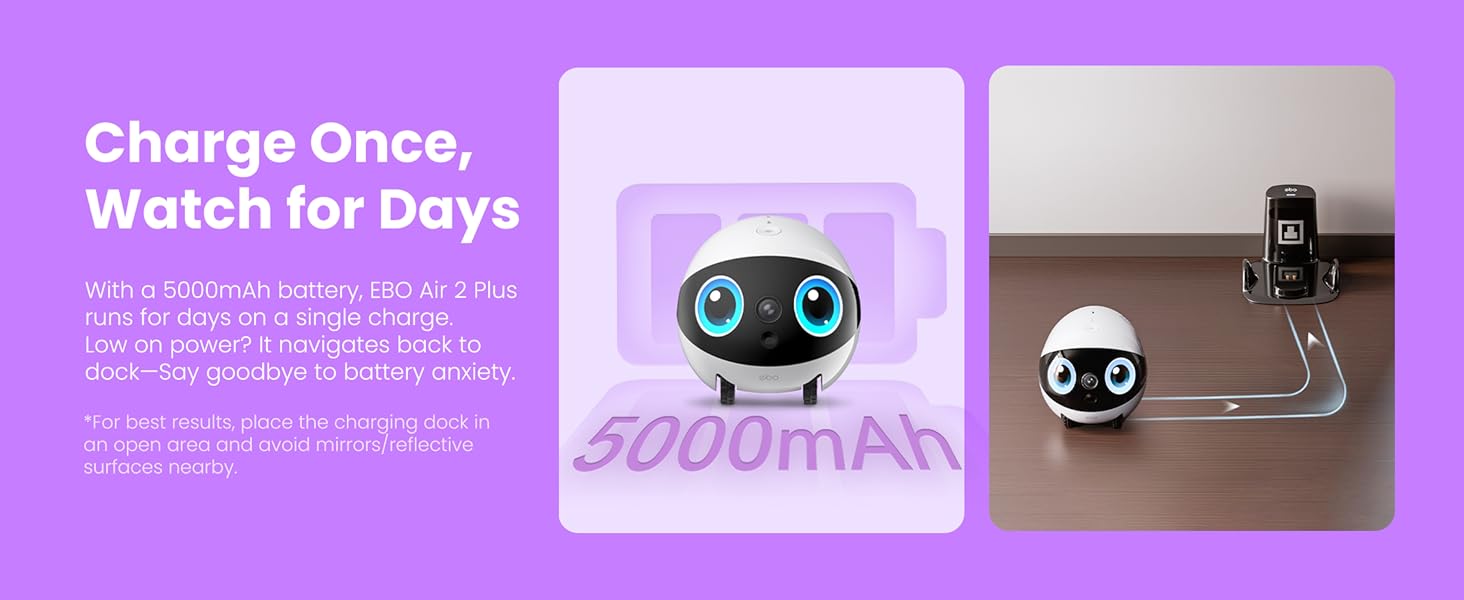Enabot EBO Air 2 Plus FamilyBot 3K Home Camera Robot: Indoor Camera. Movable Robot Companion. 2-Way Video. AI Chat Mode. Auto-Recharge. Long Battery Life. Custom Facial Image. Night Vision