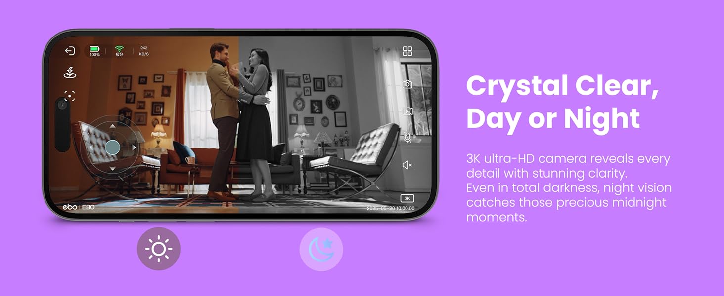 Enabot EBO Air 2 Plus FamilyBot 3K Home Camera Robot: Indoor Camera. Movable Robot Companion. 2-Way Video. AI Chat Mode. Auto-Recharge. Long Battery Life. Custom Facial Image. Night Vision