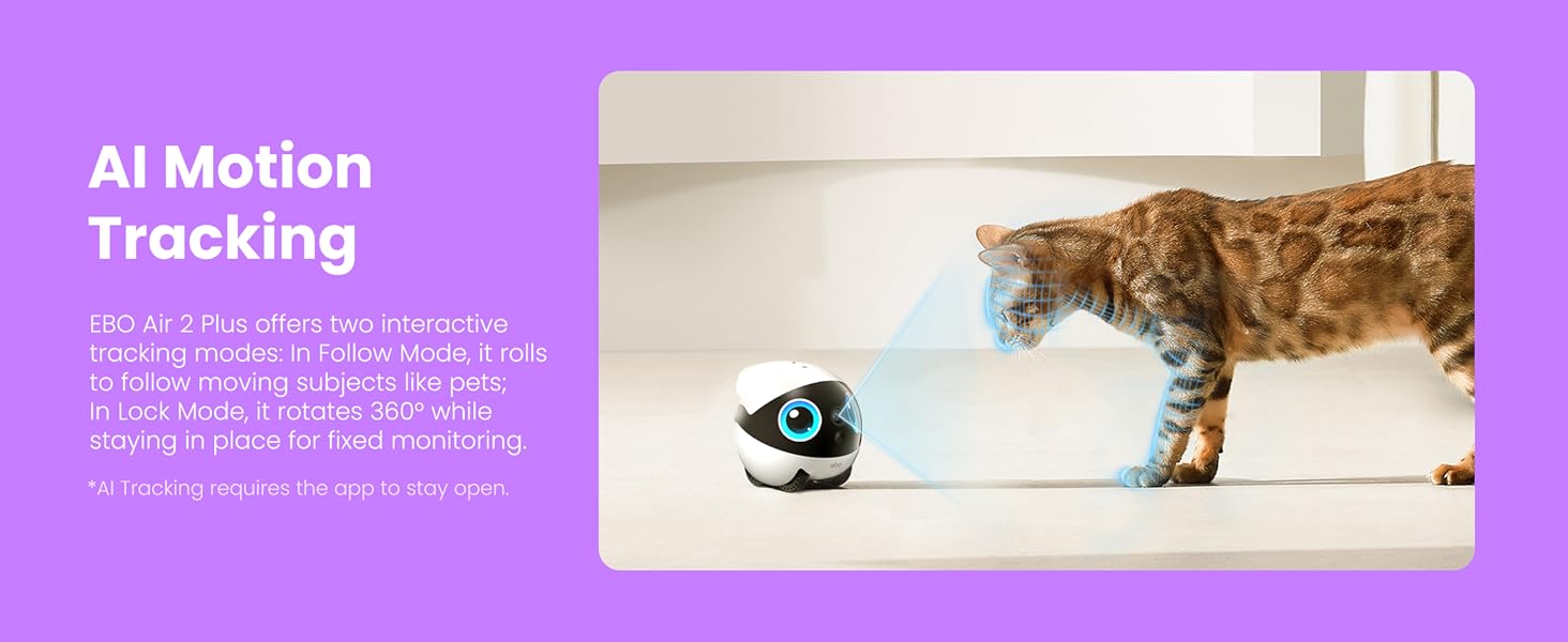 Enabot EBO Air 2 Plus FamilyBot 3K Home Camera Robot: Indoor Camera. Movable Robot Companion. 2-Way Video. AI Chat Mode. Auto-Recharge. Long Battery Life. Custom Facial Image. Night Vision