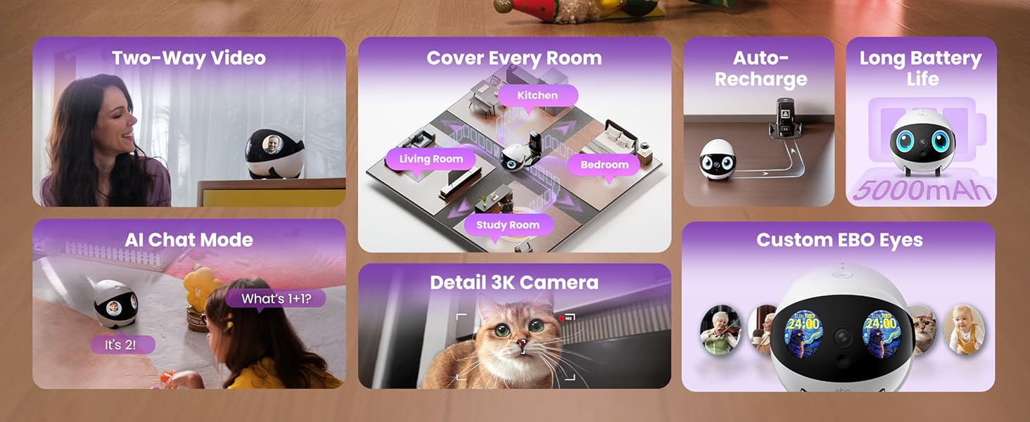 Enabot EBO Air 2 Plus FamilyBot 3K Home Camera Robot: Indoor Camera. Movable Robot Companion. 2-Way Video. AI Chat Mode. Auto-Recharge. Long Battery Life. Custom Facial Image. Night Vision