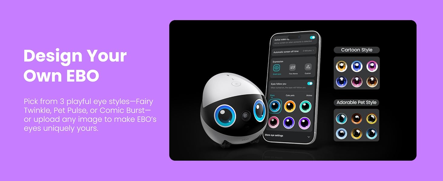 Enabot EBO Air 2 Plus FamilyBot 3K Home Camera Robot: Indoor Camera. Movable Robot Companion. 2-Way Video. AI Chat Mode. Auto-Recharge. Long Battery Life. Custom Facial Image. Night Vision
