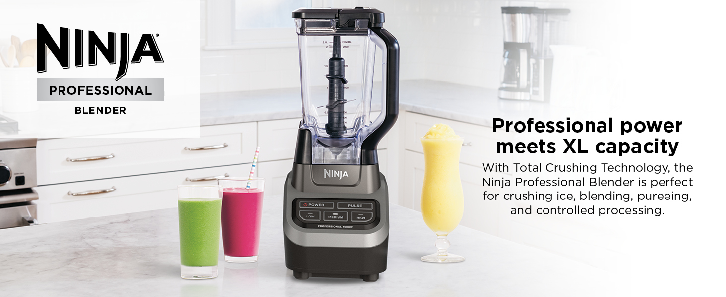 Ninja Professional Blender 1000W. Total Crushing Technology- Smoothies. Ice Crushing & Frozen Fruit. Full-Size Countertop Blender. 72-oz. Pitcher. Black & Grey. BL610