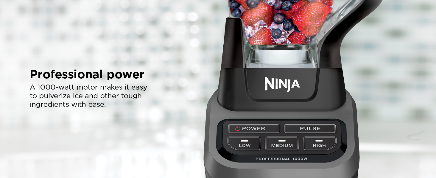 Ninja Professional Blender 1000W. Total Crushing Technology- Smoothies. Ice Crushing & Frozen Fruit. Full-Size Countertop Blender. 72-oz. Pitcher. Black & Grey. BL610