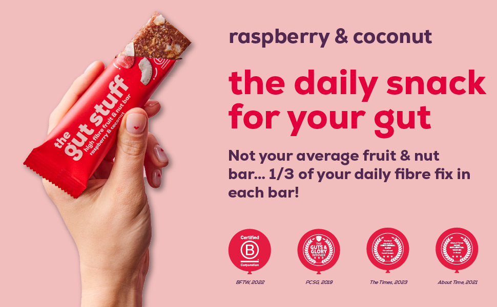 【Limited-Time Offer】The Gut Stuff High-Fiber Fruit & Nut Bars – Gut-Healthy Snacks, Gluten-Free, Vegan, Low-Calorie, All-Natural – Raspberry & Coconut Flavor, 12 x 35g Boxed