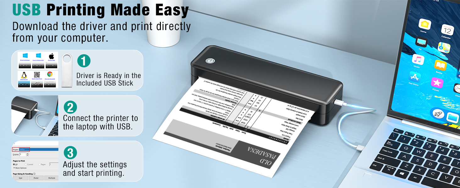 Portable Printer Wireless for Travel. Inkless Thermal Printer Supports 8.5 x 11 Inch Thermal Paper. Bluetooth Compatible with iOS. Android. Laptop Includes 2 Rolls & 10 Sheets of Paper Kit