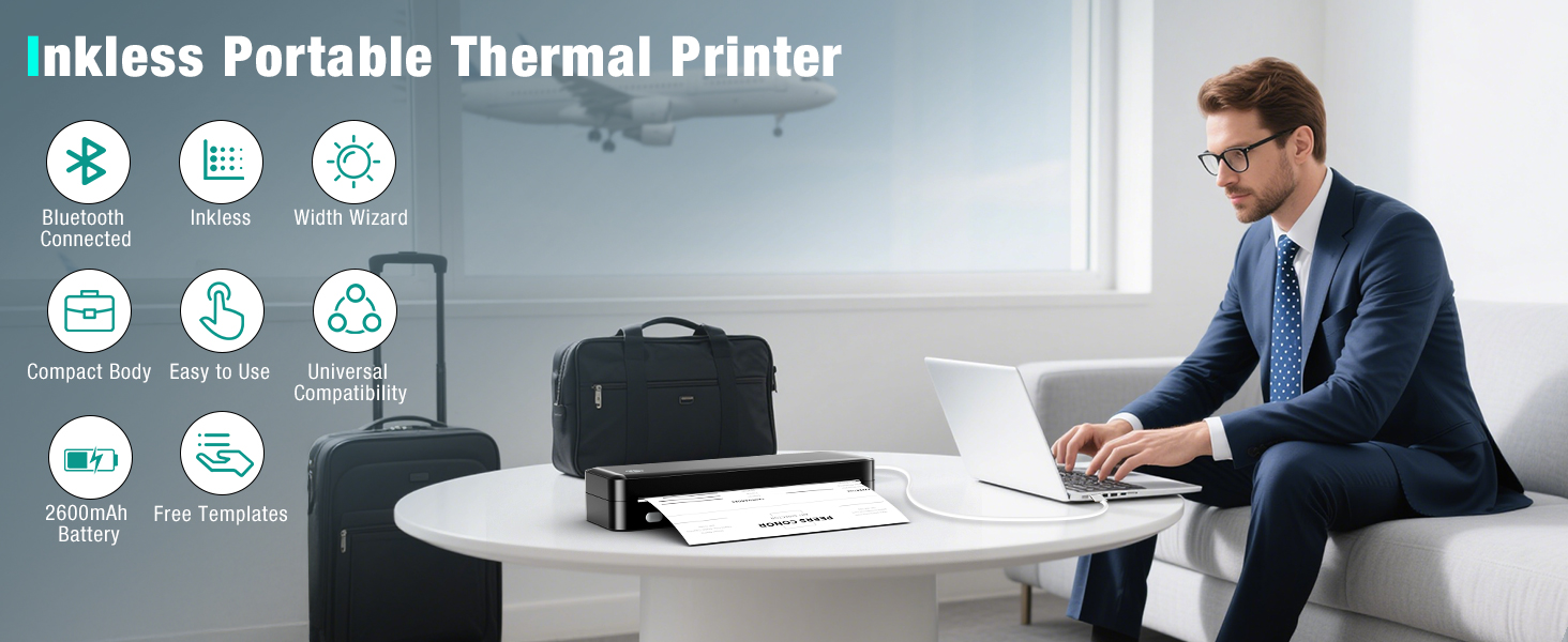 Portable Printer Wireless for Travel. Inkless Thermal Printer Supports 8.5 x 11 Inch Thermal Paper. Bluetooth Compatible with iOS. Android. Laptop Includes 2 Rolls & 10 Sheets of Paper Kit