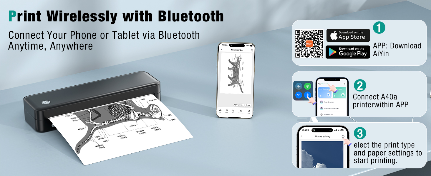 Portable Printer Wireless for Travel. Inkless Thermal Printer Supports 8.5 x 11 Inch Thermal Paper. Bluetooth Compatible with iOS. Android. Laptop Includes 2 Rolls & 10 Sheets of Paper Kit