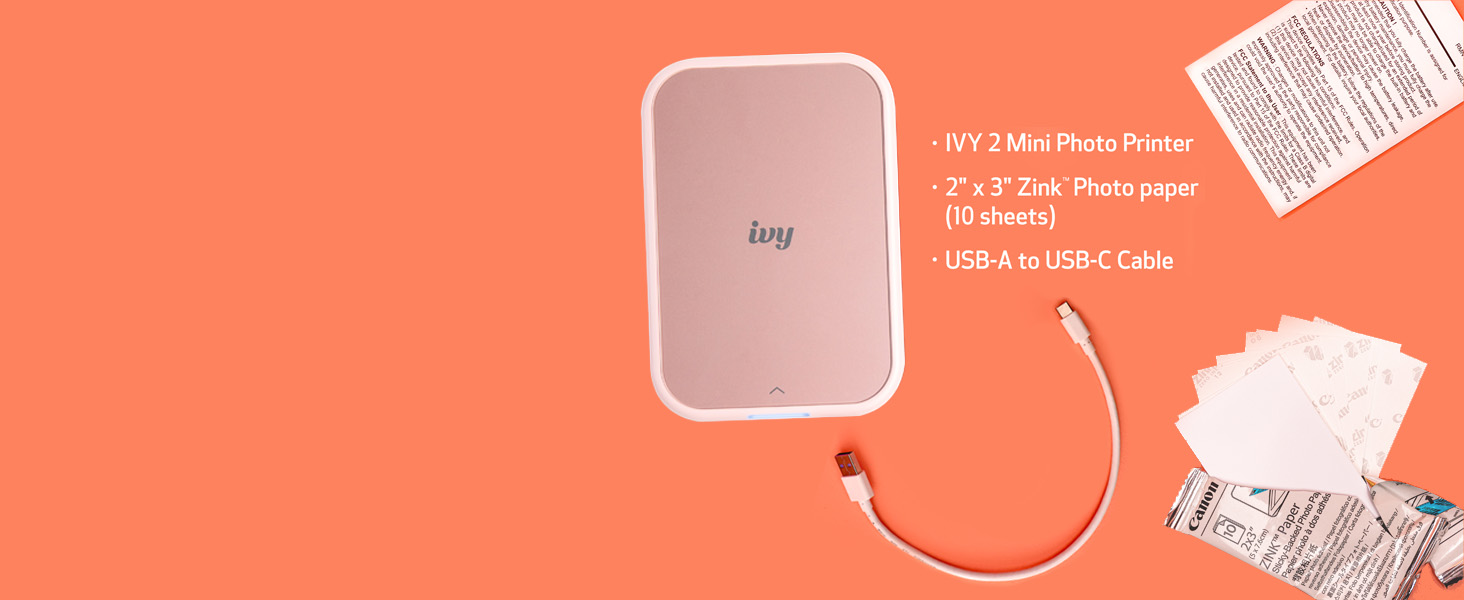 Canon Ivy 2 Mini Photo Printer. Print from Compatible iOS & Android Devices. Sticky-Back Prints. Blush Pink