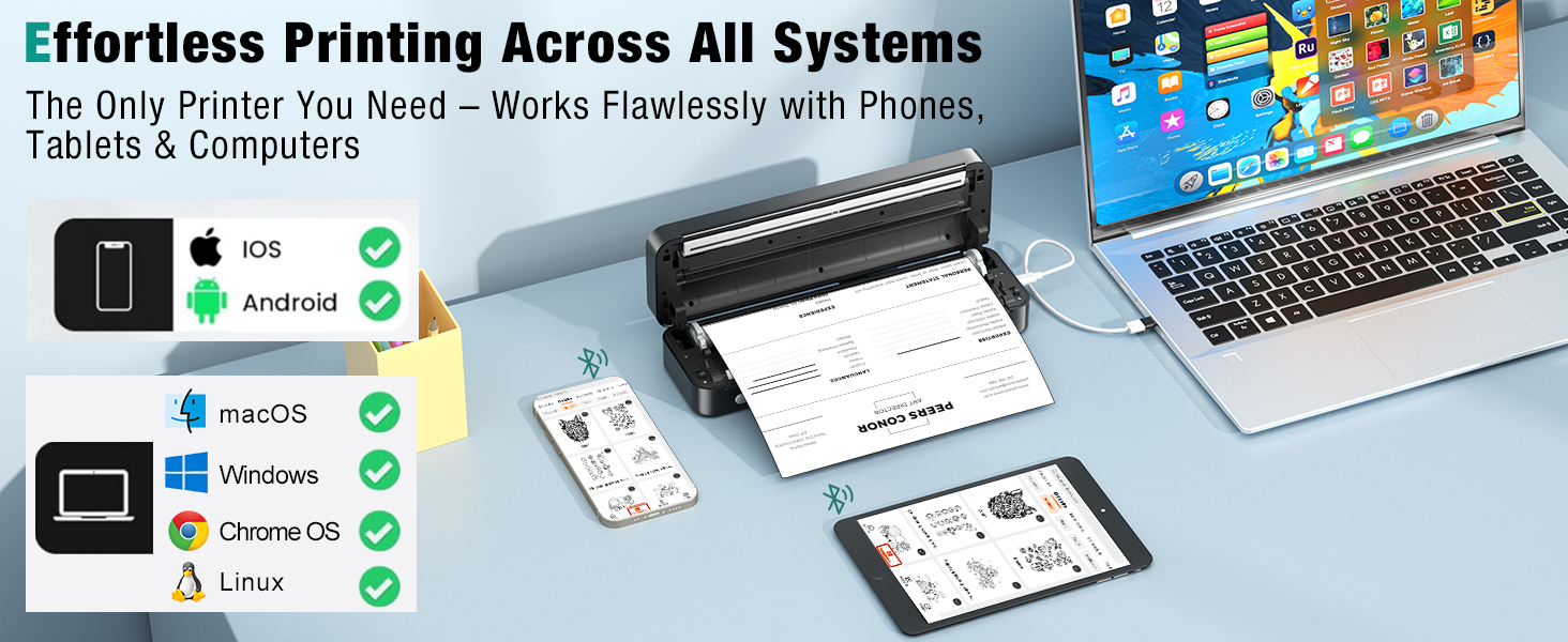 Portable Printer Wireless for Travel. Inkless Thermal Printer Supports 8.5 x 11 Inch Thermal Paper. Bluetooth Compatible with iOS. Android. Laptop Includes 2 Rolls & 10 Sheets of Paper Kit