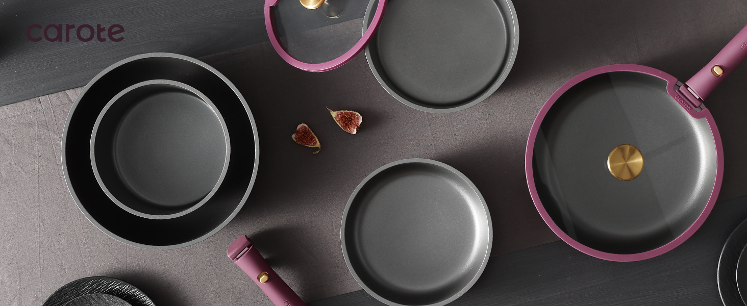 CAROTE 21pcs Pots and Pans Set. Nonstick Cookware Set Detachable Handle. Induction Kitchen Cookware Sets Non Stick with Removable Handle. RV Cookware Set. Gold and Purple
