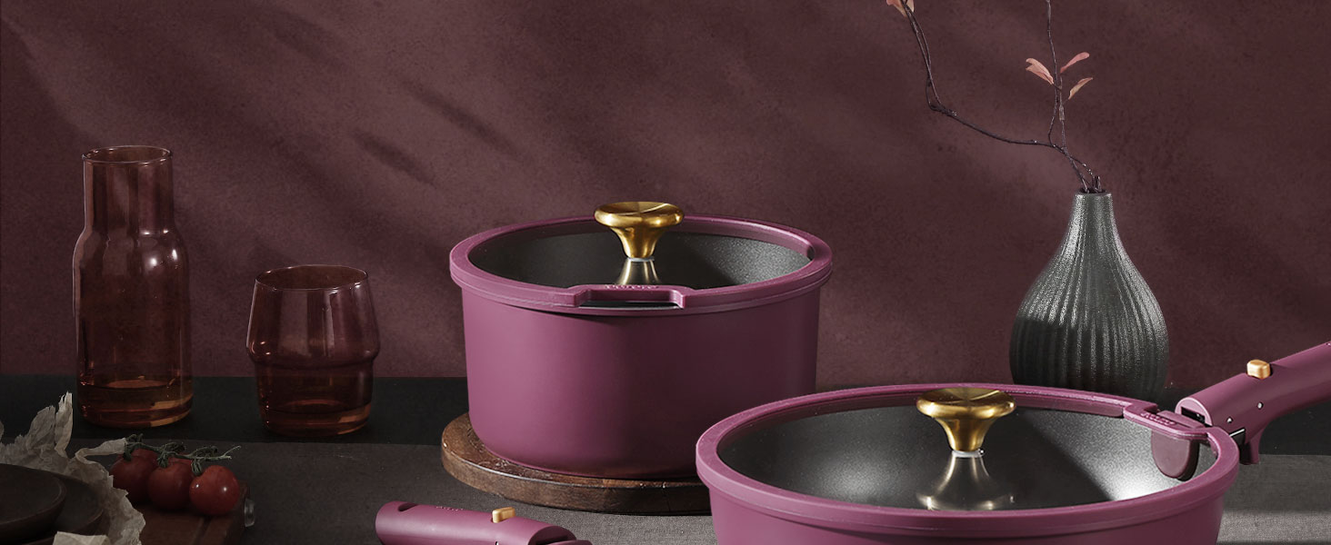 CAROTE 21pcs Pots and Pans Set. Nonstick Cookware Set Detachable Handle. Induction Kitchen Cookware Sets Non Stick with Removable Handle. RV Cookware Set. Gold and Purple