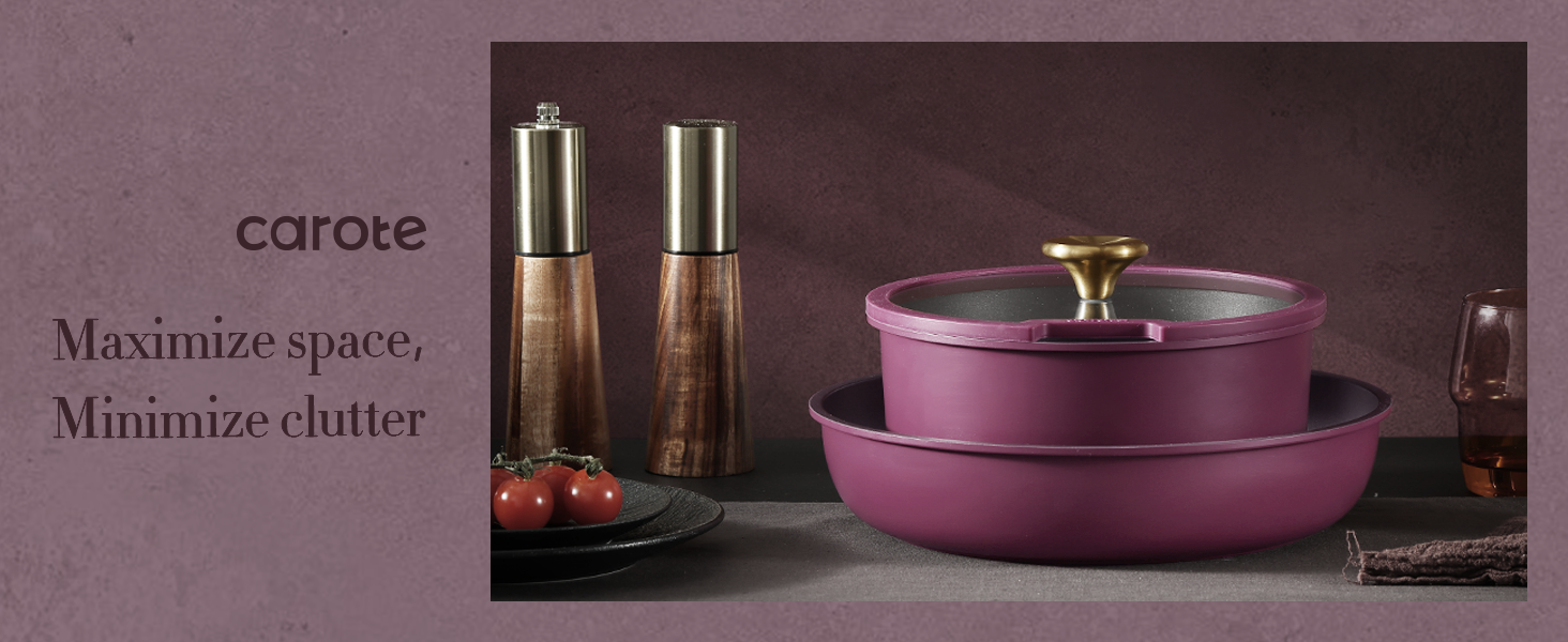 CAROTE 21pcs Pots and Pans Set. Nonstick Cookware Set Detachable Handle. Induction Kitchen Cookware Sets Non Stick with Removable Handle. RV Cookware Set. Gold and Purple