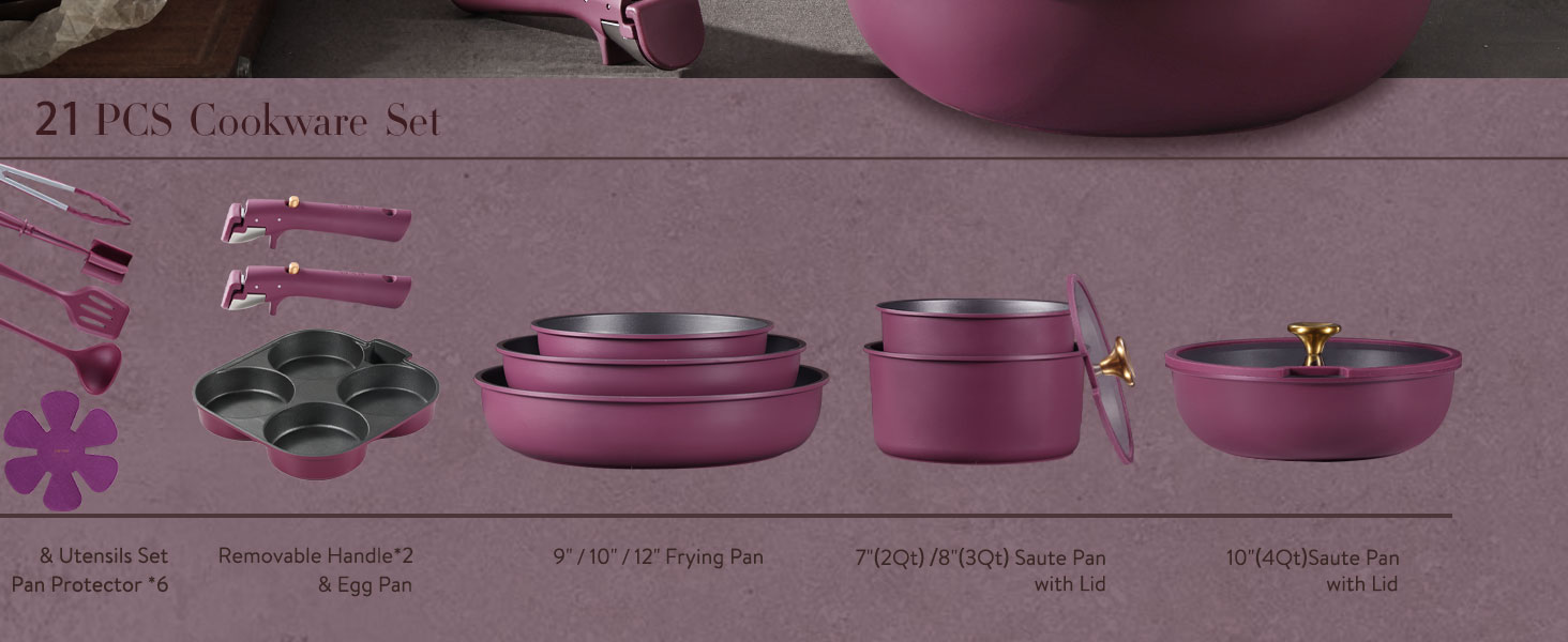 CAROTE 21pcs Pots and Pans Set. Nonstick Cookware Set Detachable Handle. Induction Kitchen Cookware Sets Non Stick with Removable Handle. RV Cookware Set. Gold and Purple