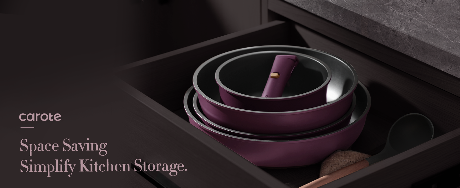 CAROTE 21pcs Pots and Pans Set. Nonstick Cookware Set Detachable Handle. Induction Kitchen Cookware Sets Non Stick with Removable Handle. RV Cookware Set. Gold and Purple
