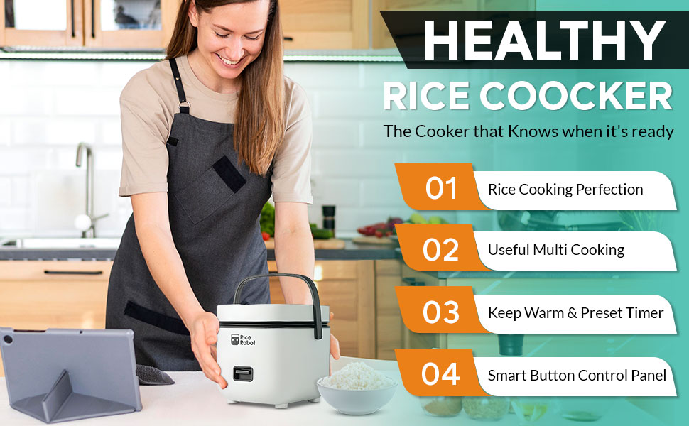 Rice Robot Personal Rice Cooker. PFAS-free. Nonstick. 1 Quart Capacity. with Stainless Steel Steamer Tray. Measuring Cups. Recipe Book with 60 Recipes. and Serving Spoon. As Seen On TV