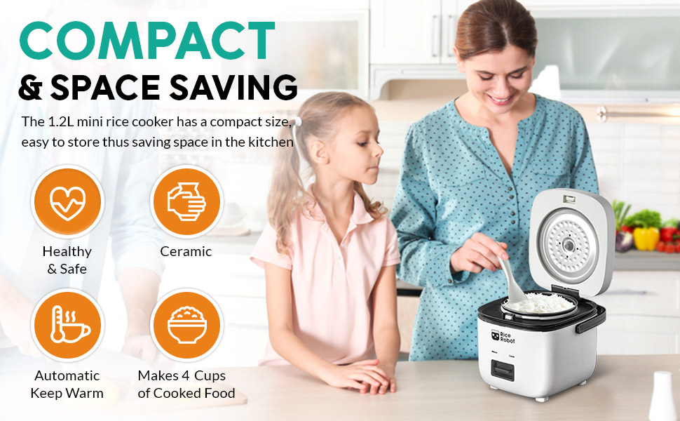 Rice Robot Personal Rice Cooker. PFAS-free. Nonstick. 1 Quart Capacity. with Stainless Steel Steamer Tray. Measuring Cups. Recipe Book with 60 Recipes. and Serving Spoon. As Seen On TV