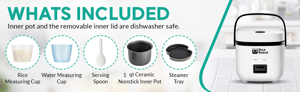 Rice Robot Personal Rice Cooker. PFAS-free. Nonstick. 1 Quart Capacity. with Stainless Steel Steamer Tray. Measuring Cups. Recipe Book with 60 Recipes. and Serving Spoon. As Seen On TV