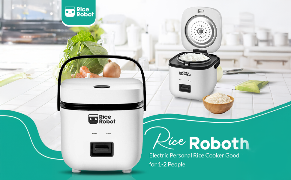 Rice Robot Personal Rice Cooker. PFAS-free. Nonstick. 1 Quart Capacity. with Stainless Steel Steamer Tray. Measuring Cups. Recipe Book with 60 Recipes. and Serving Spoon. As Seen On TV