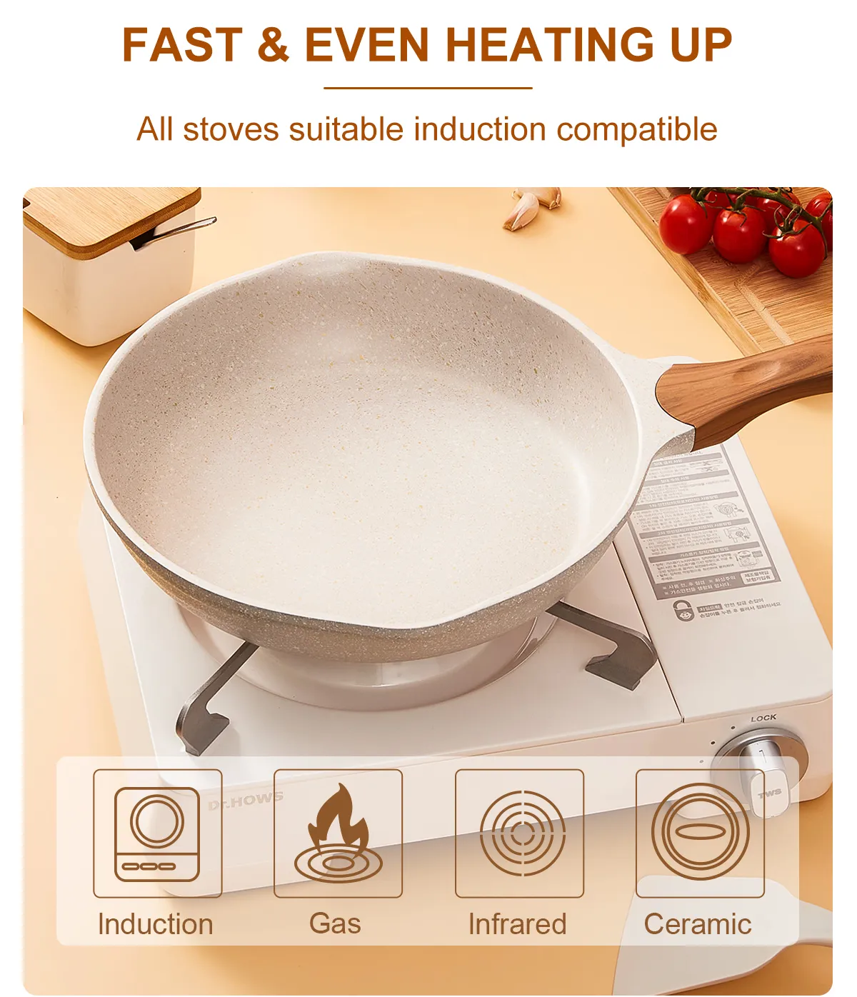JEETEE White Granite Stone Non Stick Frying Pan with Cover Kawali Sale Cooking Pan Non Stick Frying Fan Induction Compatible
