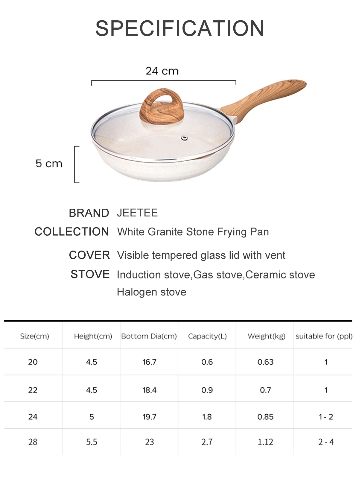 JEETEE White Granite Stone Non Stick Frying Pan with Cover Kawali Sale Cooking Pan Non Stick Frying Fan Induction Compatible